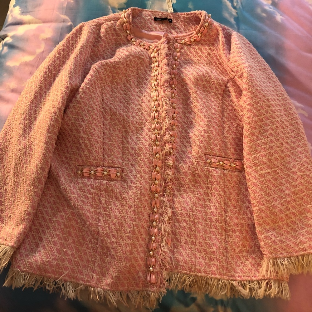 Pink Tweed Plus Size Classic Blazer With Pearls!